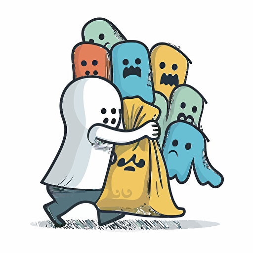 a person wearing a shopping bag on his head with a smiley face on his back, some ghosts are flying and some ghosts are hugging him from behind, vector, colorfull, darker, horror atmosphire, contour, white background