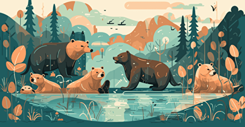 vector illustration of water and bears in a river, in the style of light teal and light brown, animated gifs, eclectic collages, playful and whimsical depictions of animals