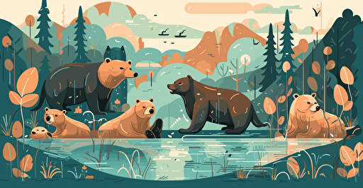 vector illustration of water and bears in a river, in the style of light teal and light brown, animated gifs, eclectic collages, playful and whimsical depictions of animals