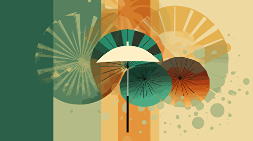a postcard with an abstract representation of an umbrella, vector style, greenish background, green colours with warm tones