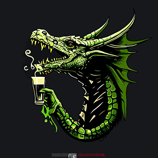 Vector logo of a dragon drinking a beer in a party , minimal Black and green