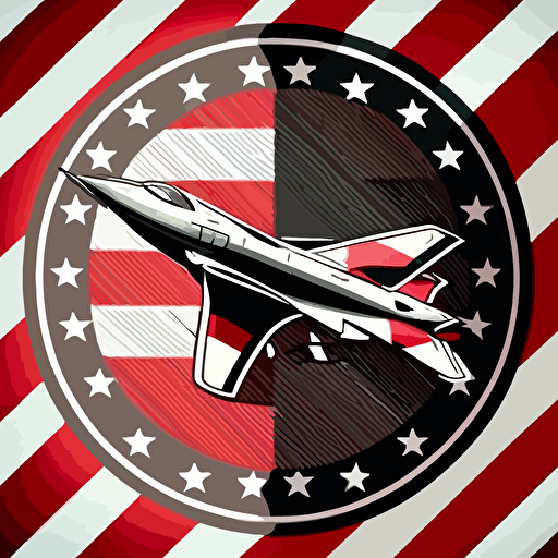 red, white, black, chess board, silver fighter jet in circle, badge, american flag, stars, stripes, jet plane, vector art, illustration, 2d, detailed,