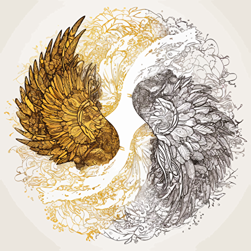 vector complex creion drawings make the most detailed angel wings-themed yin-yang gold and white, kintsugi elements, enclosed in a circle, white backgroung
