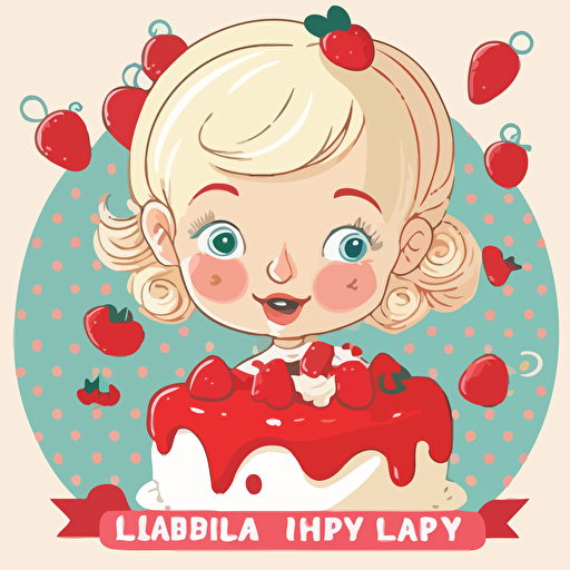 Title: "Leana's 1st Birthday", vector art illustration for an invitation to a first birthday party, strawberry theme, a girl with short, blonde hair and blue eyes, happy mood, cute style, Light_Red, white background