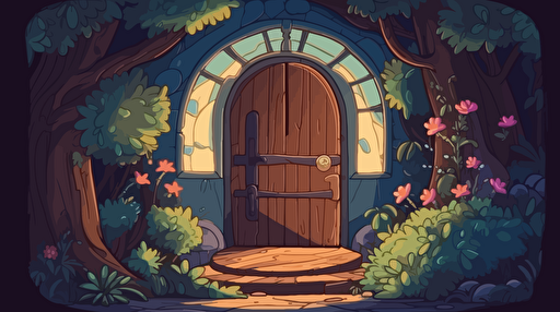 Cozy fantasy Large curved wooden doorframe with portal inside leading to other dimension with colorful flowers and trees with leaves blowing through the doorway. Vector illustration. 2D hand drawn cartoon animation style with bright colors.