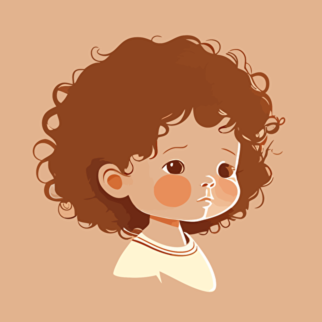 2D minimalist vector illustration, cute baby with curly brown hair