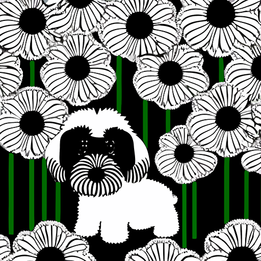 marimekko puppy flower styled pattern made of nettle, vector, 2d, black and white