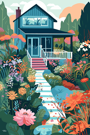 flat svg vector drawing of a colorful picturesque garden