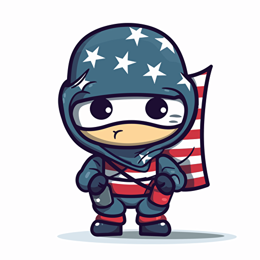 vector illustration for a sticker, of a cartoon-style ninja with a fit body. his clothing is colored in the stars and stripes of the american flag. on white background