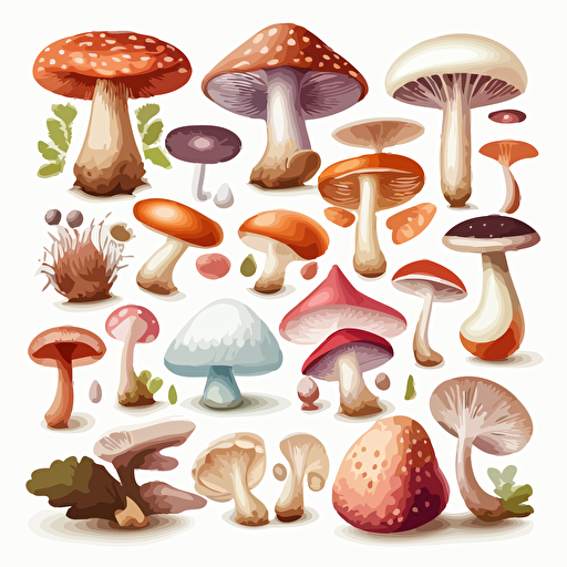 mushrooms set, detailed vector, white background