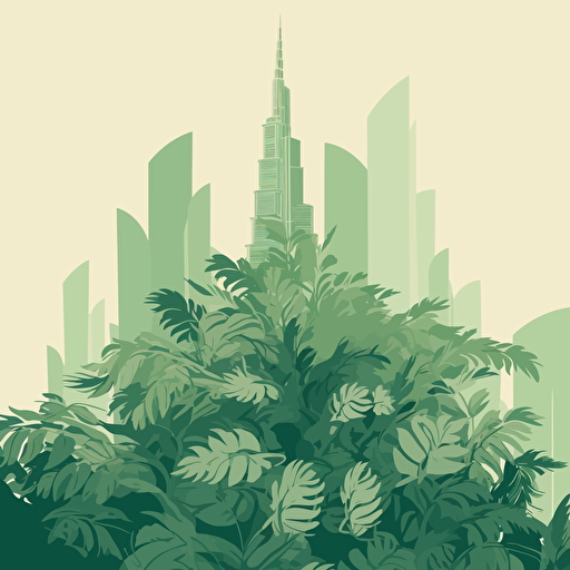 Burj khalifa draped in green hanging leaves, vector art style, pastel colours with green hue