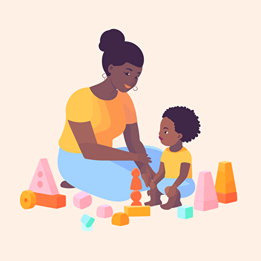 black mom and toddler play together, pastel, vector style, behance