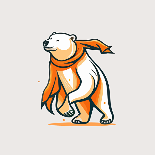polar bear wearing orange scarf walking vector flat logo white background