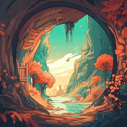 cozy fantasy portal in bright daytime, close up, looking out to other surreal dimension with colorful flowers, trees, cliffs, creatures. Vector illustration. 2D hand drawn cartoon animation style. — ar 16:9