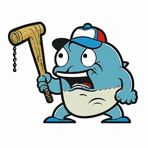 suckermouth catfish baseball mascot swinging an american baseball bat, simple vector, rubber hose cuphead style
