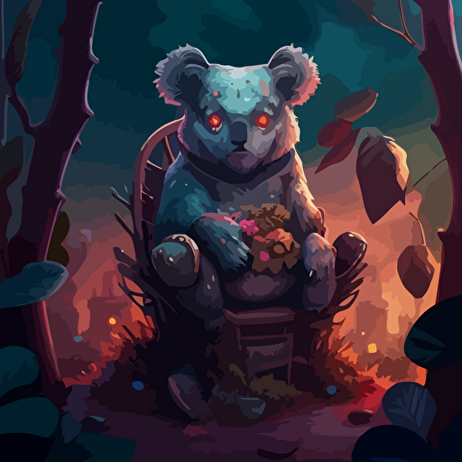 illustrate a detailed avatar of a koala sitting in a chair facing the foregorund, surrounded by magical glowing plants, shrubs, trees, dead roses, with a view of a abandoned city, broken carnival rides in the background, broken billboard. Set from vacant woods in the foreground. Incorporate a gloomy and dreadful vibe to evoke a sense of eerieness and wonder. Use a digital painting style reminiscent of Thomas Kinkade and James Gurneya illustration, drawing, flat illustration, vector style