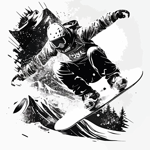 snowboarding vector art, black and white only, detailed