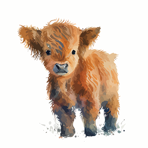 baby watercolor highland cattle vector,comic style, white background