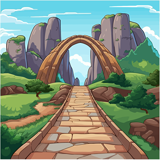 draw vector cartoon style a footpath with a bridge with 3 high arches over a deep valley with no background and details