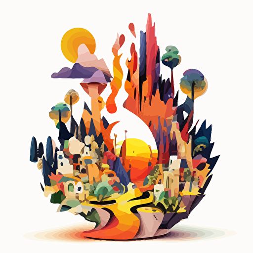 a 360°C model that explodes with an imaginary city and nature. Vector and childish style. Very colored. white background without shadow.