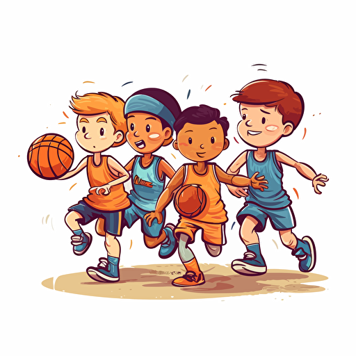 vector illustration of A group of kids boys playing basketball with a white background