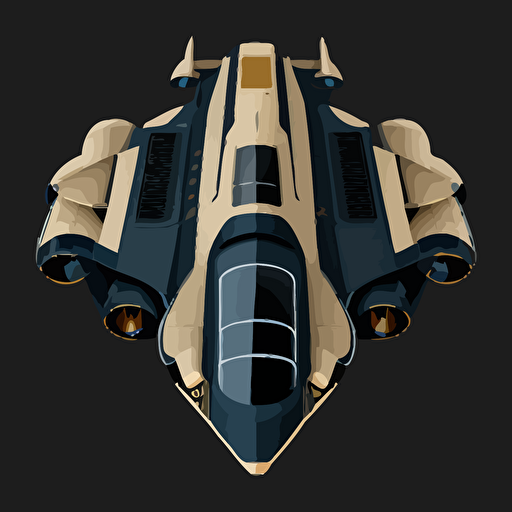 space ship on black background, blue with beige accents, top-down view, clean, simple, no shadows, vector