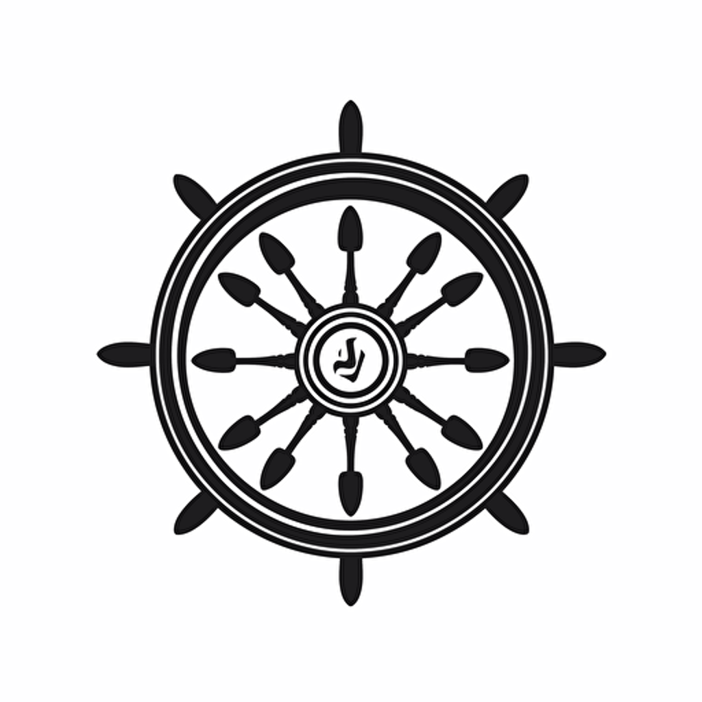 a simple Black on white logo of a ship steering wheel, Flat vector logo