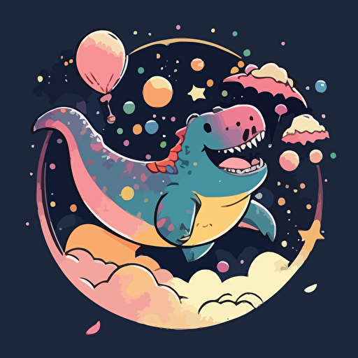 Dinosaur floating in space surrounded by stars and galaxies, cute happy smiling adorable, vector illustration style