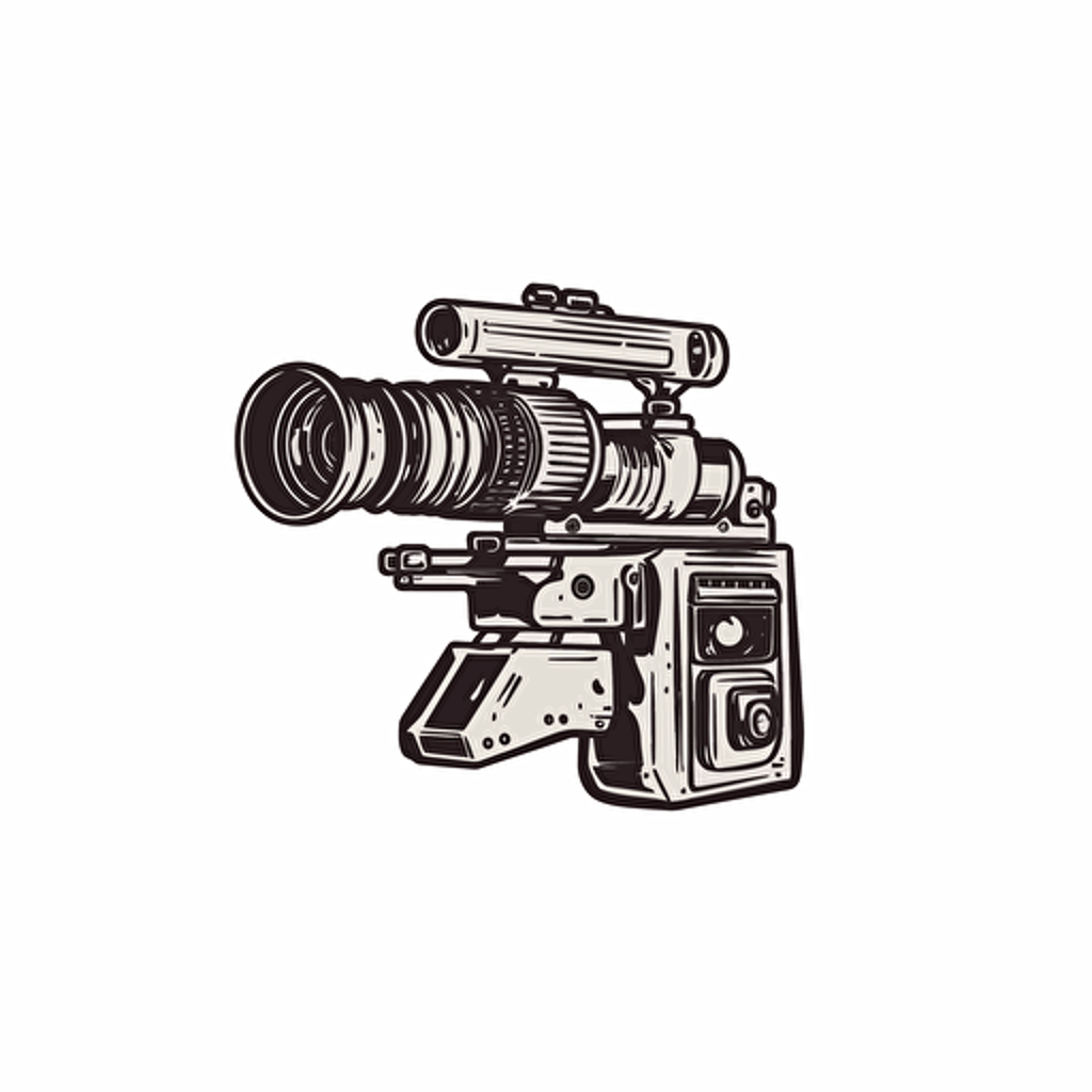 a minimalist logo of a film video camera that is mixed with a gun, black vector, on white background