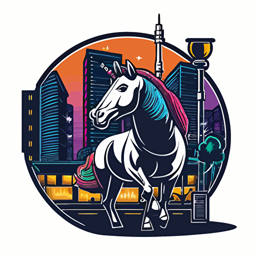 unicorn working as a bouncer in front of a night club in the bad part of city, vector logo, vector art, emblem, simple cartoon, 2d, no text, white background
