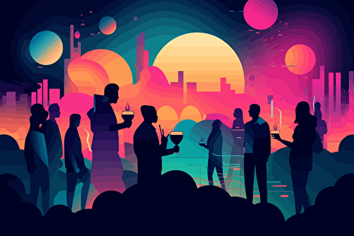 cool night club party on a fictional planet, vector art, flat colors, pastel colors, minimalistic,