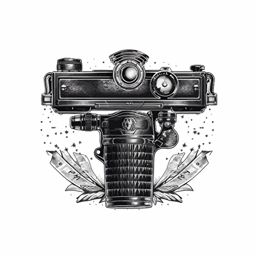 Modern logo of old film camera mixed with a gun, black vector, on white background