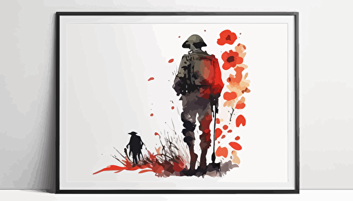 australian soldier and red poppy, watercolour, minimalist, vector, countour
