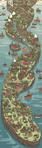 7 rivers merging into one sea one by one, each one have iland, with boats, with peoplle vector illustion, 1920 resolution