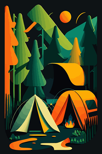 abstract camping, orange, green, khaki and blue colors, no text, pop art deco illustration, hand vector art, black background,
