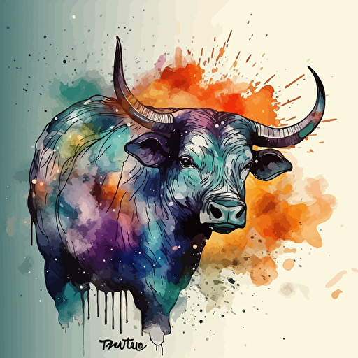 vector line drawing of taurus bull, with multicolor, watercolor background.