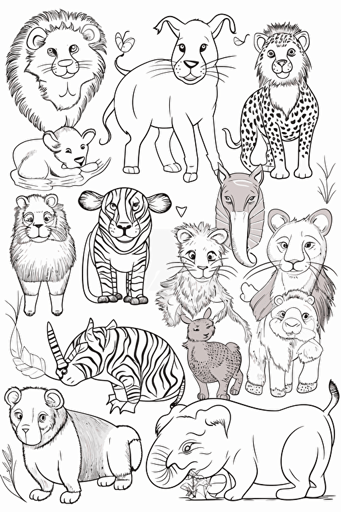 colouring book for kids, set different animals, cartoon style, vector, few details, no shadow, black and white