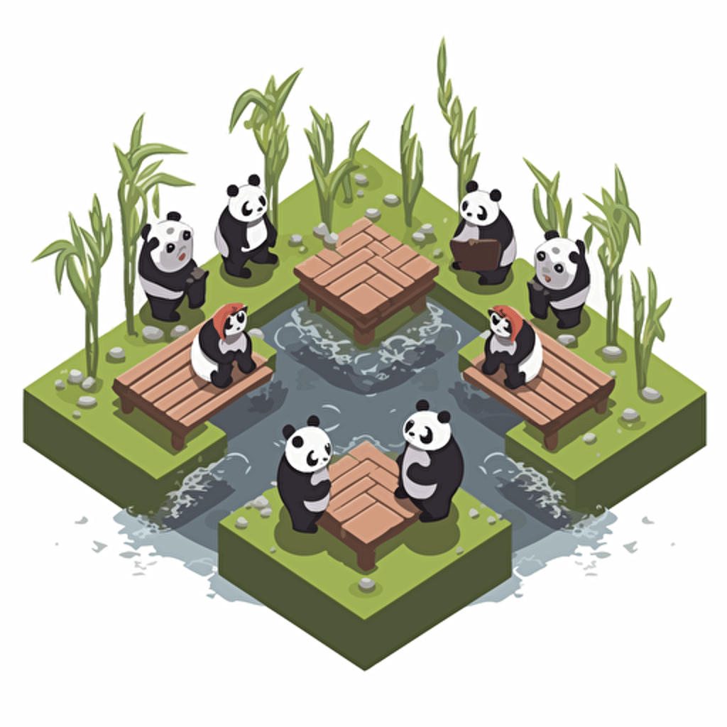 isometric cartoon vector style image of bamboo square platform with multiple pandas