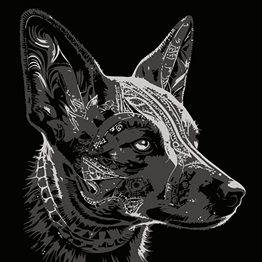 Alex grey concept art of an Australian cattle dog head black and white, vector,— v 5