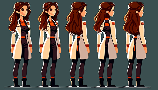 character design, vector illustration, female doctor, front side back views, 6 panels