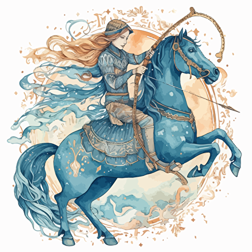 sagittarius zodiac sign, the archer hero riding the blue horse, in boho art style, intricated details, watercolors and flat vector mix