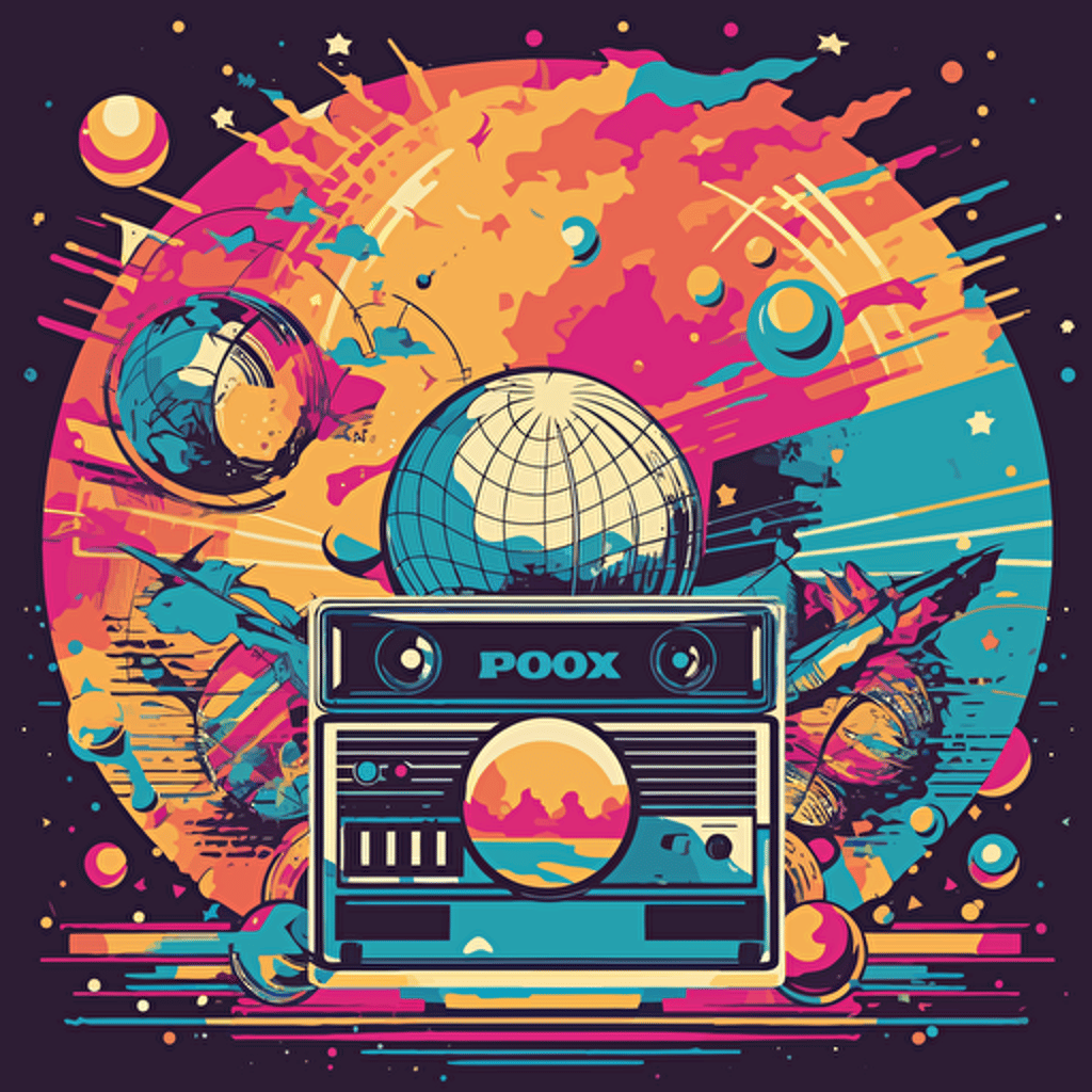 an awesome retro poster, with retro colors a disco ball, vinyl records and music notes all over, boombox in the middle vector, pink floyd style