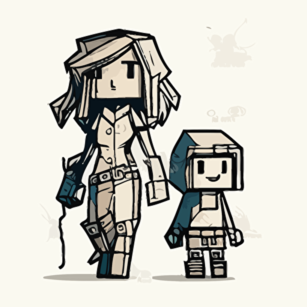 doodle style, vector illustration, minecraft, pleased mother and kid, white background