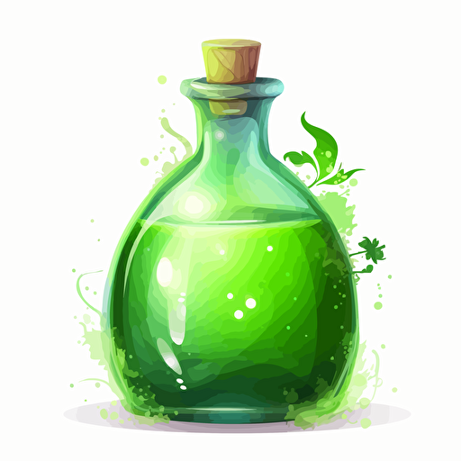 a magical bottle of green potion, vector, white bg