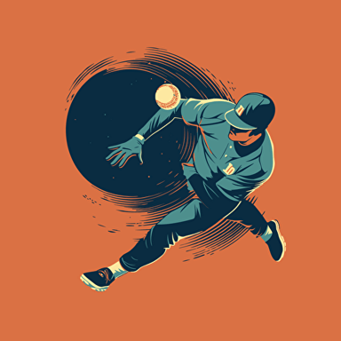 Create an image of a baseball player diving to catch a fly ball. Use a high-angle camera to capture the player's movement and the ball's trajectory. Use a dramatic color palette to enhance the mood vector style