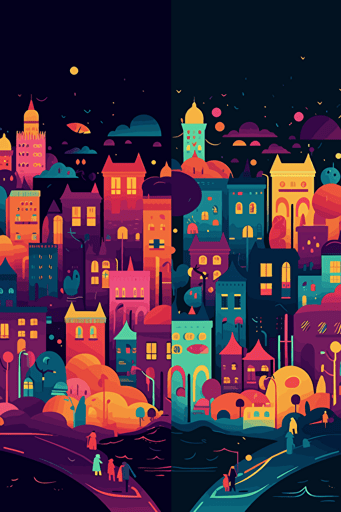 fun, festival, city, party, abstract, vector, daytime left, night time right