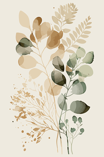 Simple neutral beige and green abstract watercolour botanical illustration, vector