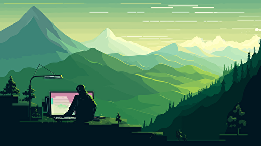 A world where there are green mountains and a programmer coding on the mountain in the distance, wallpaper, 2d vector,