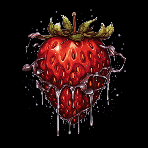 strawberry with a rusty nail piercing the center. Red drips. Splatter. Black background. Highly detailed. Vector image. Drawing. 16k.