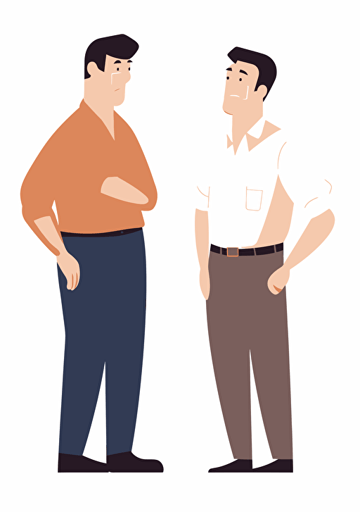 A middle-aged South Korean male office worker is looking at an angry South Korean middle-aged male office worker with a smile, dry and neat, white background, Artsy flat vector illustration